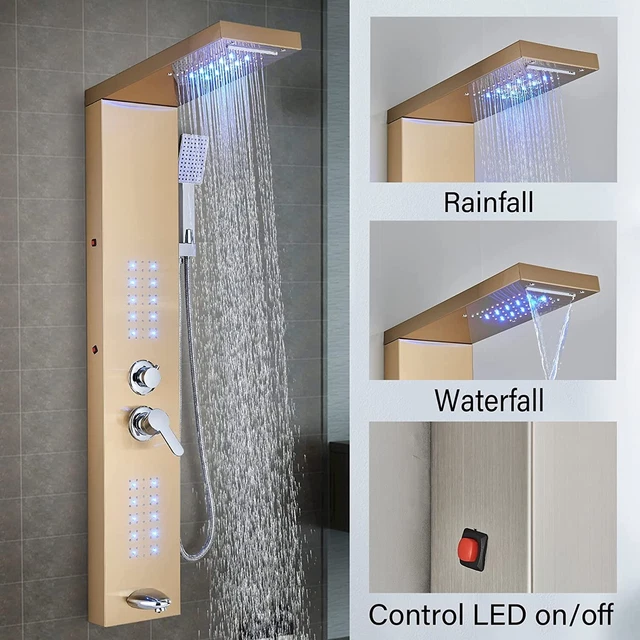 Sistema de torre de panel de ducha LED lluvia y cascada masaje corporal chorro acero inoxidable