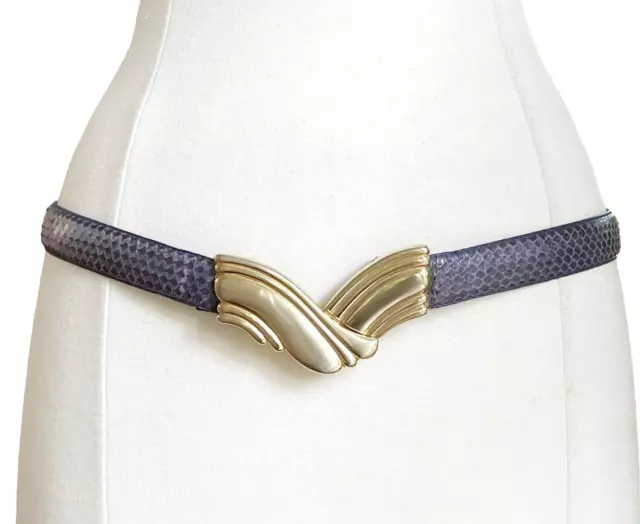 Vintage 80s Purple Snake Skin Leather Belt Gold Metal Chevron Wings Buckle S M