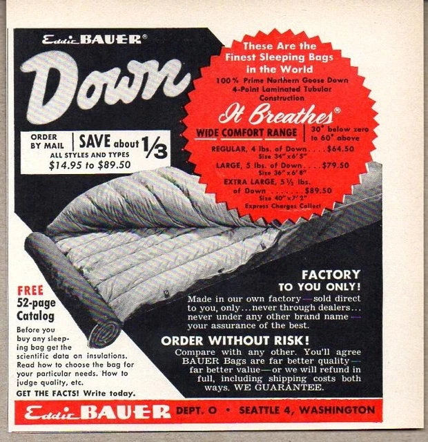 1956 Print Ad Eddie Bauer Down Sleeping Bags Seattle 4,Washington