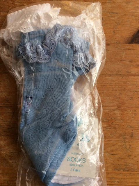 NEUF FILLES M&Co 2 PAIRES CHAUSSETTES CHEVILLE UNIFORME ÉCOLE BLEU FRILLY BLANC TAILLE 4-6 1/2 3