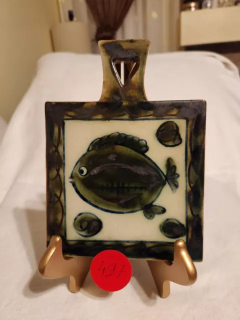 Vtg. Tile Trivet Handpainted   Primitive  Green Fish Design  Wall Hanging