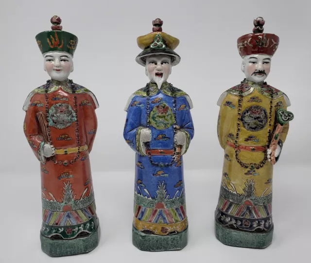Chinese Antique Porcelain Figures Qing Dynasty 3 Emperor Statues 11"