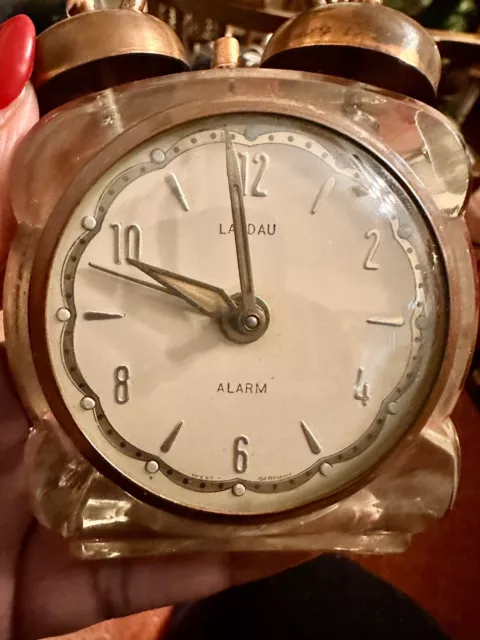 RARE ACRYLIC and BRASS VINTAGE  LANDAU ALARM CLOCK WEST GERMANY MID CENTURY