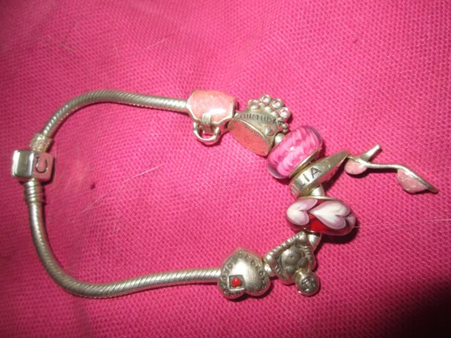 Chamilia 925 Sterling Silver Bracelet With  5 Charms - Measures Apx 7"