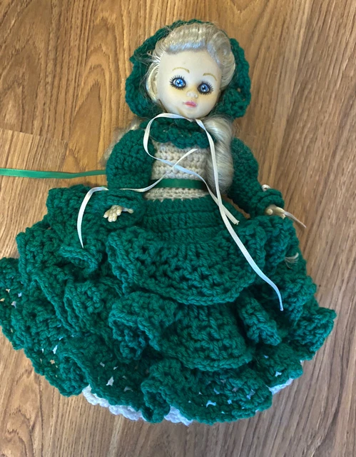 Irish Porcelain Doll- handmade crocheted  dress- blonde hair, blue eyes