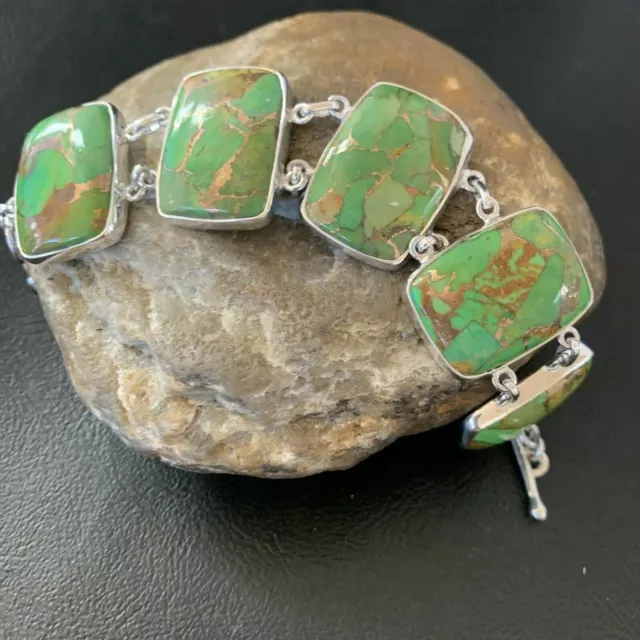 Stunning Navajo Green Mohave Turquoise Sterling Silver Link Bracelet 8 Gif 11641 2