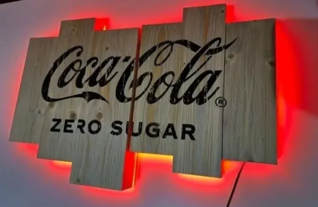 1 Coca Cola, Zero Sugar, Light Up Red Led, 3D Wooden Wall Sign, Brand New Boxed