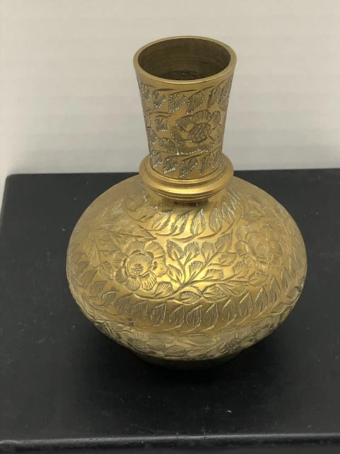 Vintage Etched Brass Bud Bulb Vase India Flowers Leaves