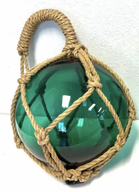 Large Japanese Rope Netted Hand Blown Glass Fishing Float Buoy Ball 12” Green