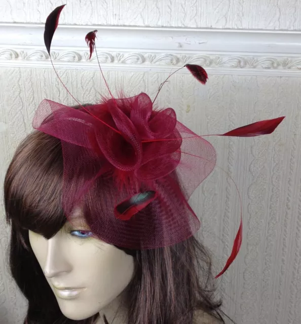 dark deep red crin fascinator headband headpiece wedding party piece race ascot
