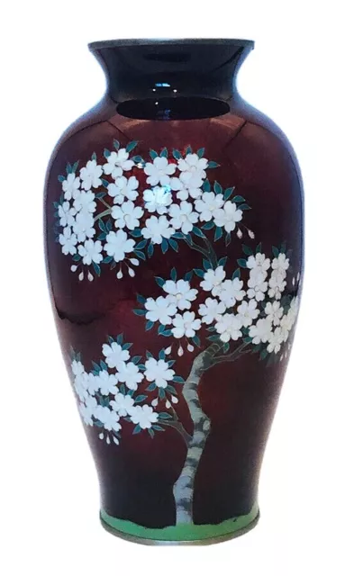 Vtg Japanese Yamamoto Pigeon Blood Red Ginbari Foil Cloisonne 8" Vase