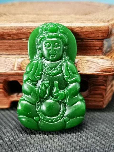 Exquisite Chinese Hotan Green Jade Handcarved Guanyin Bodhisattva Pendant F10