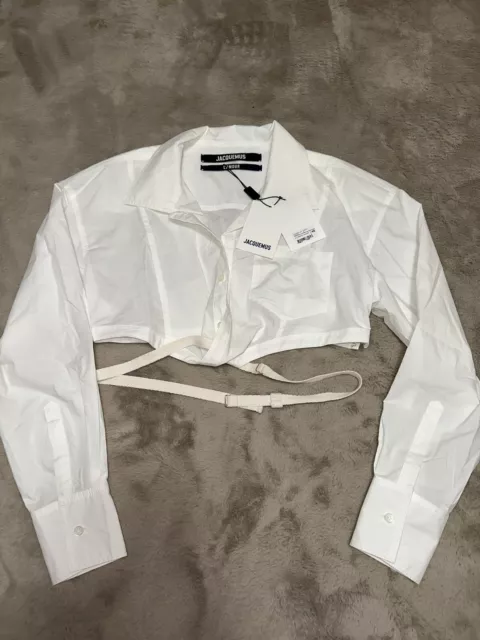 Nwt Jacquemus La Chemise Laurier Cropped Belted Top Shirt, White, Size 40