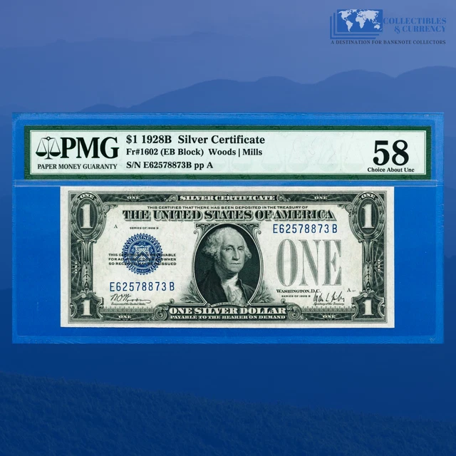Fr.1602 1928B $1 Silver Certificate Blue Seal, "FUNNYBACK", PMG 58 #78873