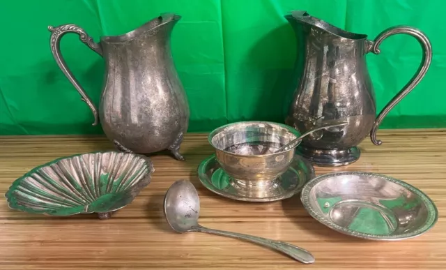 Silver-plated items Dip Bowl w/ Attached Plate/spoon, gravy ladle, 2 pitchers +
