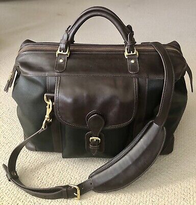 MULHOLLAND BROTHERS Black and Brown Leather Trim Weekend Travel Bag with strap