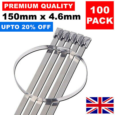 100 X Acciaio Inossidabile Metallo Fascette 200MM x 4.6MM Calore Avvolgere Scarico Zip Tie 
