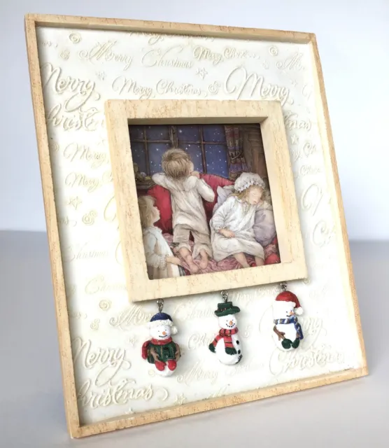 Merry Christmas Picture Frame with Snowmen Charms Resin 3.5x3.5" Square