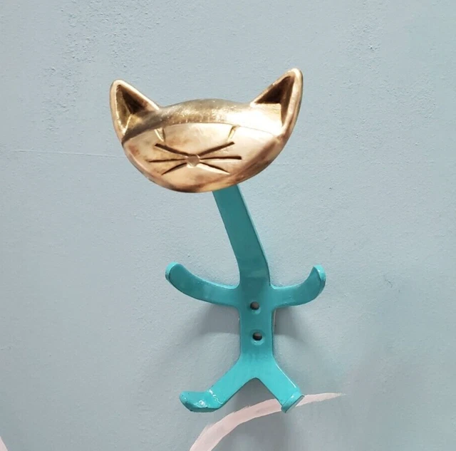 VINTAGE CAT Brass wall Hook Coat Robe Key Towel Hat lash Clothes Hanger