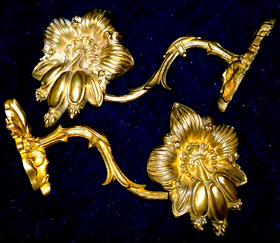 Pair of Stunning French Antique Gilded Bronze/ Brass Tiebacks Flowers