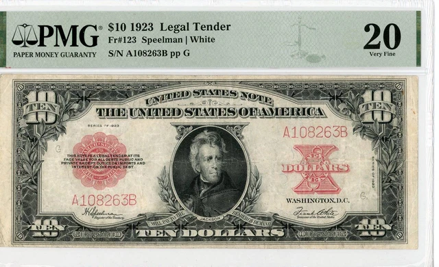 NobleSpirit No Reserve US 123 1923 $10 Small Red Scalloped Legal Tender PMG 20