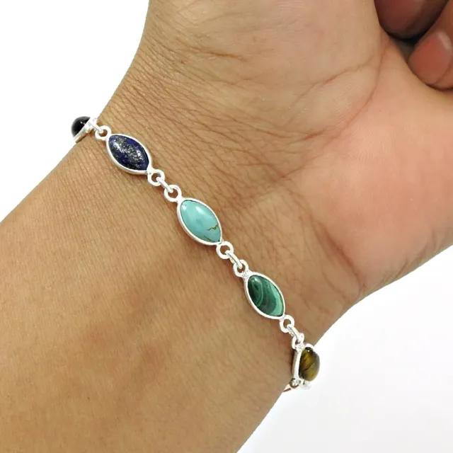 Naturel Pierre Précieuse Chakra Turquoise Bracelet 925 Argent en Gros Bijoux P1