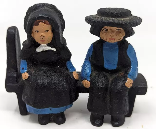 Vintage Cast Iron Blue Amish Boy Girl Couple Sitting on Bench Figurines Set PP23