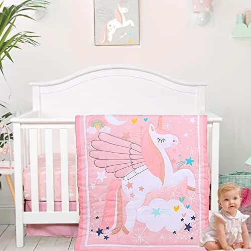 Crib Bedding Set for Girls, 3 Piece Crib Bedding Set, Standard 3-Piece Pink