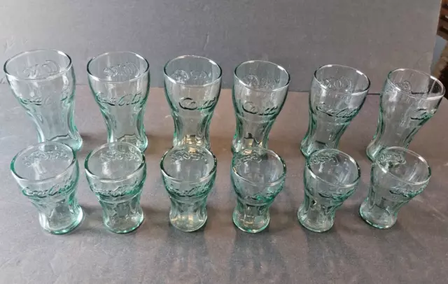 VINTAGE COCA COLA LOGO  Mini shot  Green Glasses 12 PCS Set. 6 of 3" & 6 of 4.5"