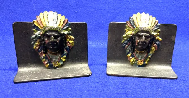 Pair Of Two  American Indian Cast Iron Bookends - Painted