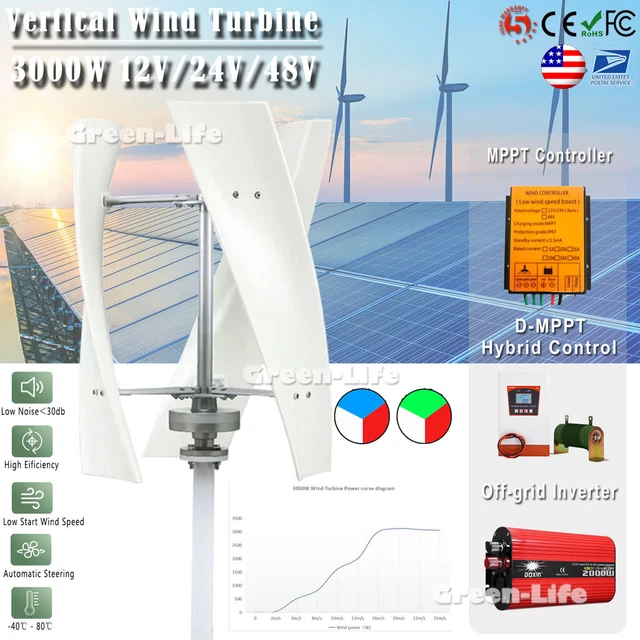 3000W VERTICAL AXIS Wind Turbine Generator MPPT Hybrid Controller ...