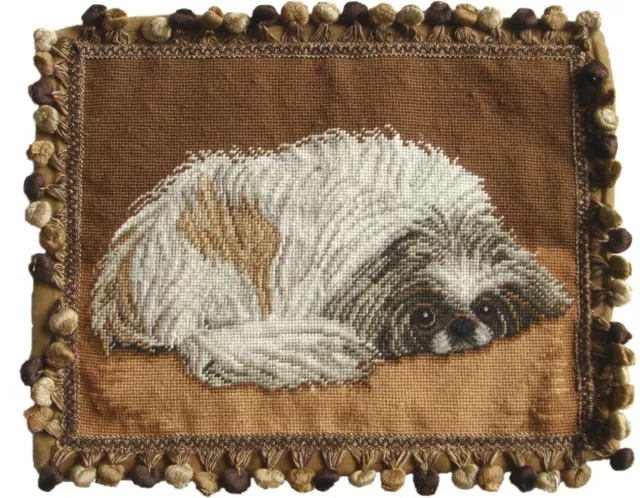 Wool Needlepoint & Petit Point Throw Pillow Handmade Pekingese Dog Cushion 14x18