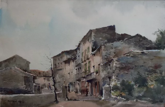 Katalonisches Dorf. Aquarell des gelisteten spanischen Künstlers Ramon Reig, um 1955 2
