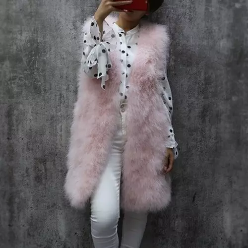 Long Real Feather Fur Vest Womensleeveless Solid Color V-neck Ostrich Waistcoat