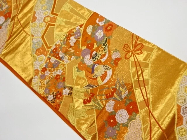 6126897: Japanese Kimono / Vintage Fukuro Obi / Woven Mandarin Ducks & Flowers