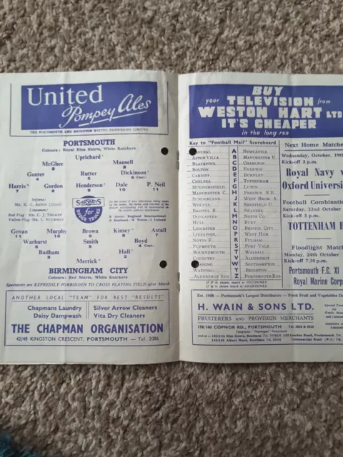 Portsmouth V Birmingham city 15th October 1955 Football Programme 2