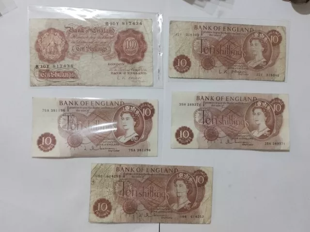 5x Old English Red 10/- Shillings Banknotes, 2x L.K O'Brien And 3x J.Q Hollom