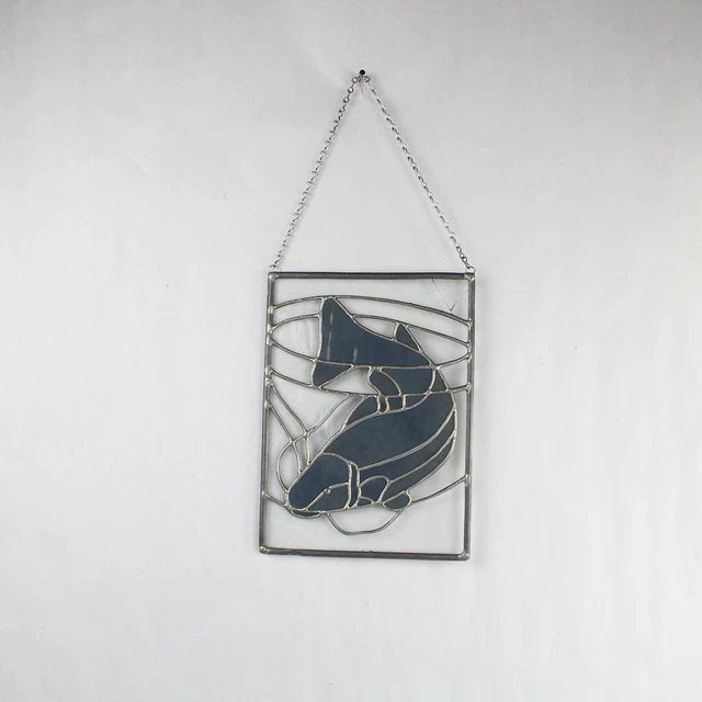 Handcrafted Stained Glass Steelhead Fish Hanging Window Panel Gray Clear Crack