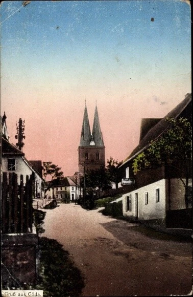 Ak Göda in Sachsen, Straßenpartie mit Kirche - 2866446