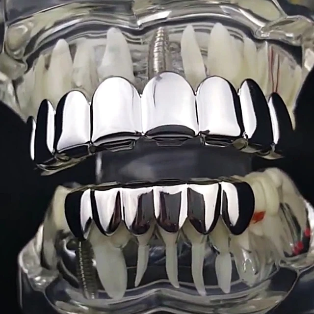 8/6 Best Grillz Set 8 Eight Top Six Bottom Teeth Shiny Silver Tone Combo Grills