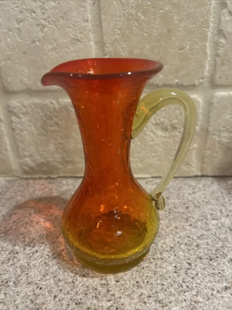 Vintage Amberina Crackle Glass Handled Vase Red Yellow Hand Blown Vintage 5"