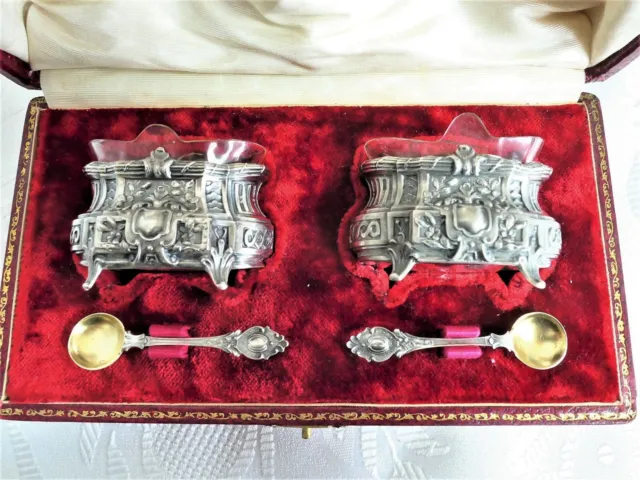 Paar Salieren, Gewürzschalen 800 Silber mit Einsatz und Löffel, Frankreich