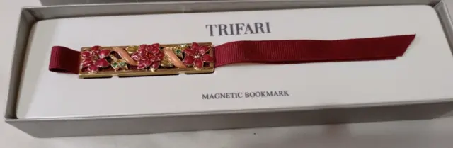 TRIFARI Magnetic Bookmark - Boxed New - Burgundy Ribbon Floral Rhinestones Gems