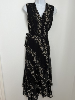 Eci New York Silk Wrap Maxi Dress Size 4 Black Floral Sleeveless Tiered Boho