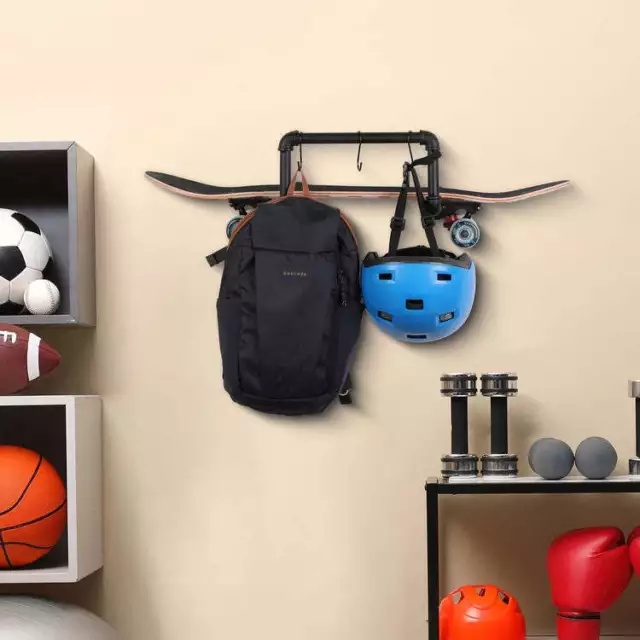 Wall Mounted Black Metal Pipe Skateboard Storage Display Rack with 3 S-Hooks