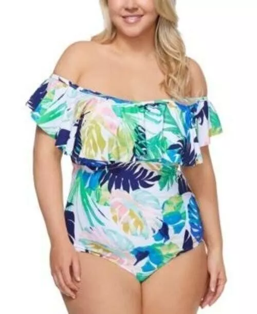 Raisins Curve Trendy Plus Size Palm Springs Tortuga Printed Ruffled One-Piece