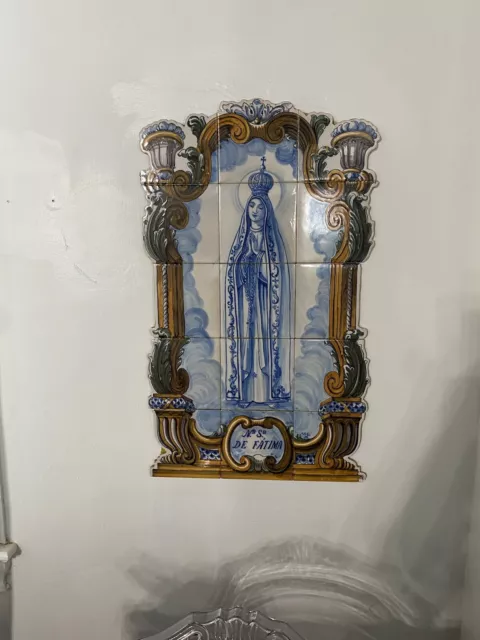 Antique Our Lady of Fatima Apparition  Ceramic Tile Art Wall Panel Mural