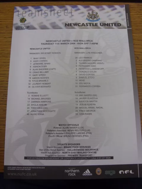 11/03/2004 Colour Teamsheet: Newcastle United v Real Mallorca [UEFA Cup]. Truste