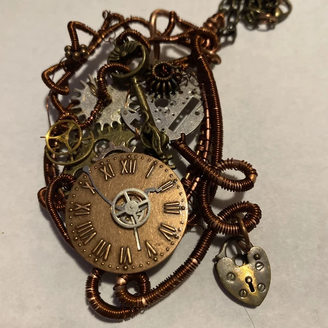 Steampunk Necklace Bronze Gold Silver Colors Gears Key Lock Pendant 26” Chain