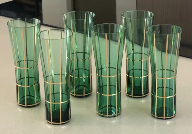 6 verres à orangeade ou appéritif vert lignes or Vintage